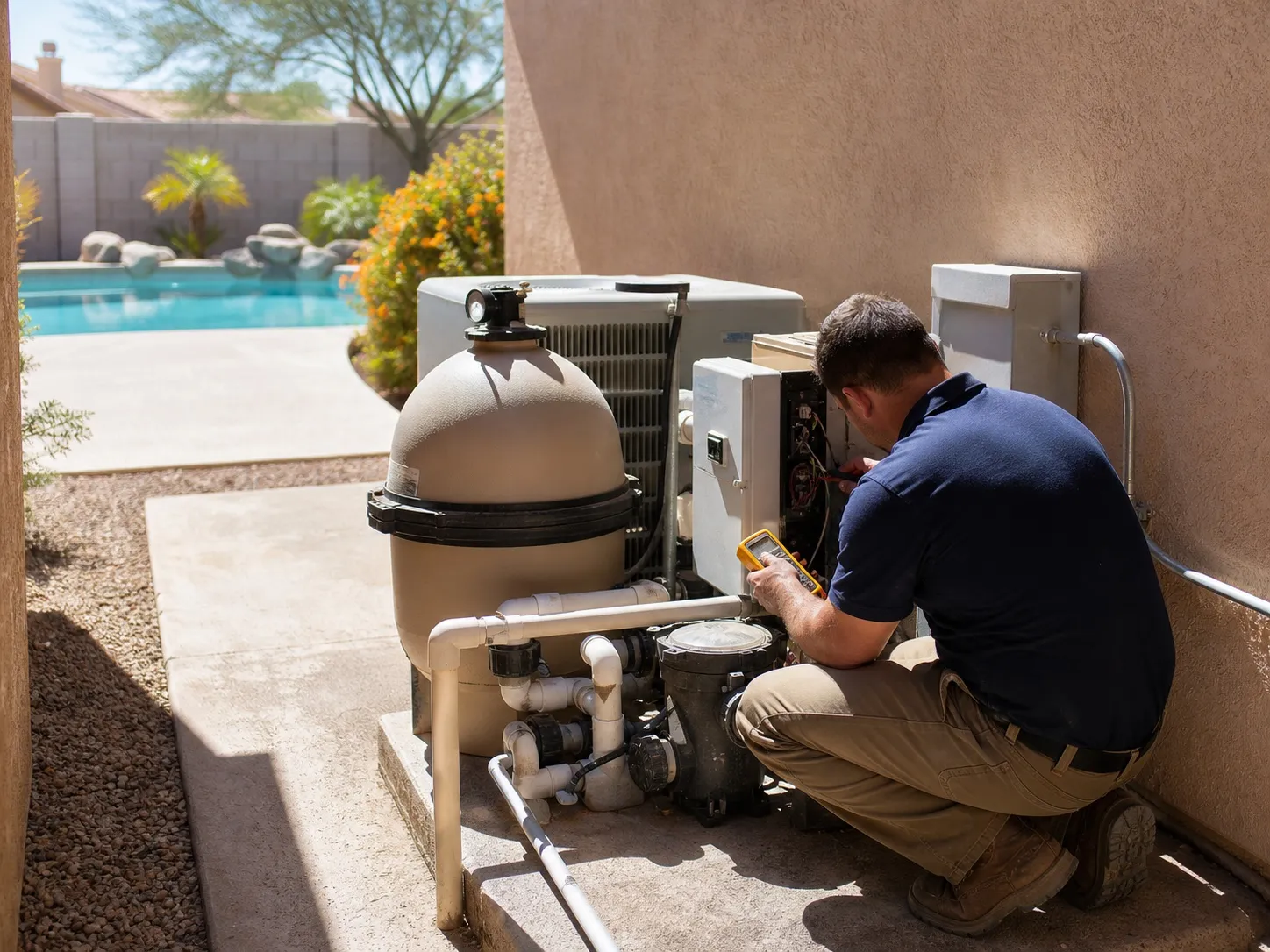 Technician servicing a pool equipment pad