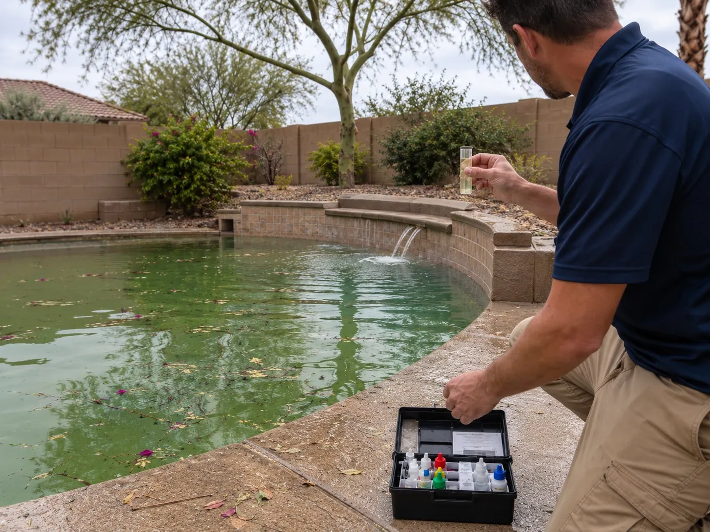 Technician testing the water in a green pool